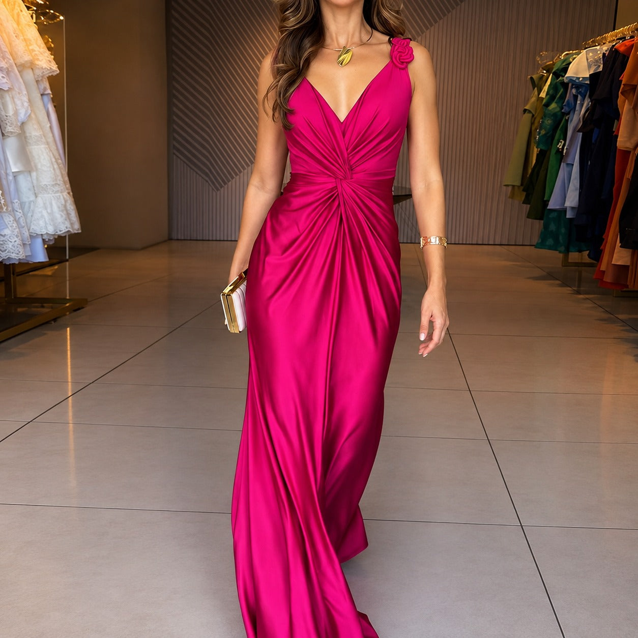Vestido Albaire™ con Caída Fluida, Escote V y Cintura Definida