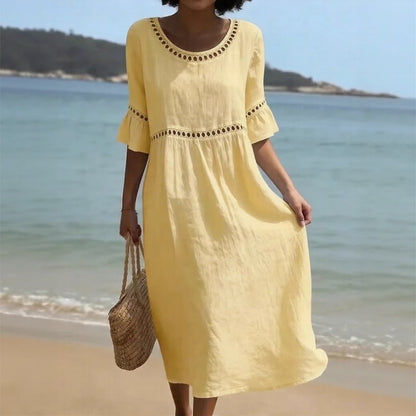 Vestido Mireza™ de Lino y Algodón con Detalles Calados y Mangas con Volante