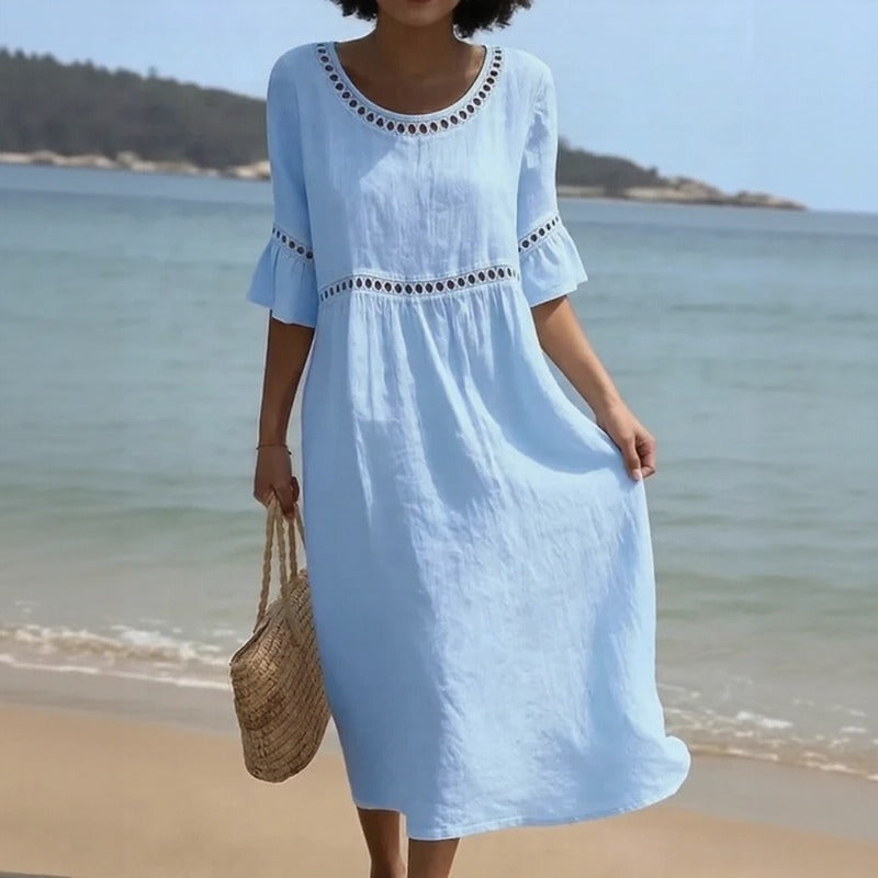 Vestido Mireza™ de Lino y Algodón con Detalles Calados y Mangas con Volante
