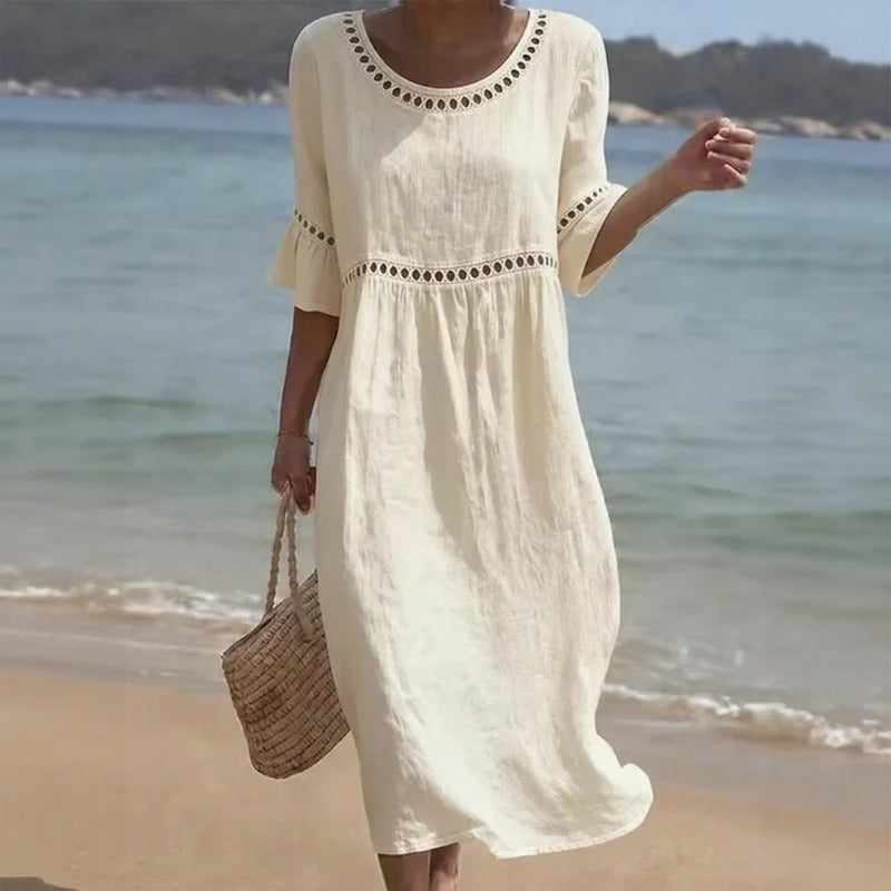 Vestido Mireza™ de Lino y Algodón con Detalles Calados y Mangas con Volante