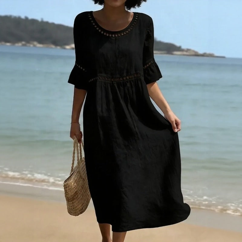 Vestido Mireza™ de Lino y Algodón con Detalles Calados y Mangas con Volante