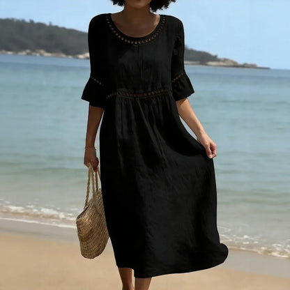Vestido Mireza™ de Lino y Algodón con Detalles Calados y Mangas con Volante