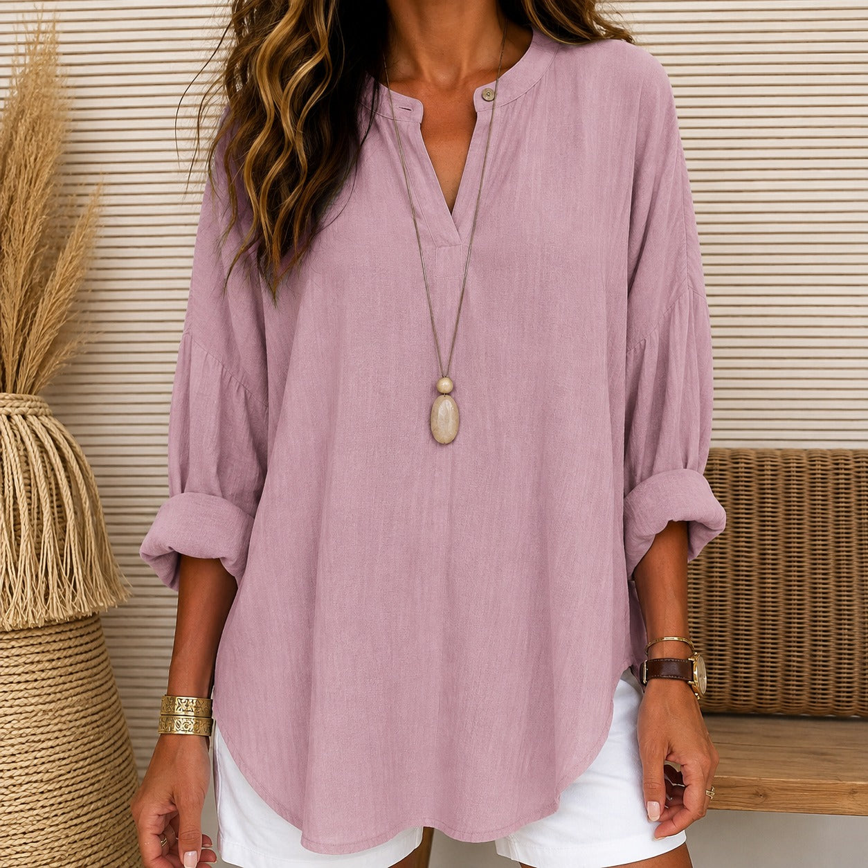 Blusa Daniela™ de Lino y Algodón con Caída Fluida y Escote V