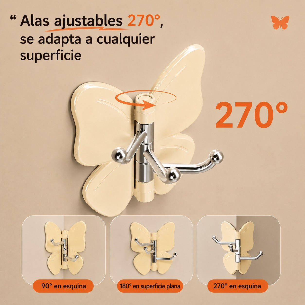 [COMPRA 5 Y LLÉVATE 10] Kit de Ganchos Adhesivos en Forma de Mariposa con Alas Ajustables y 3 Ganchos Giratorios