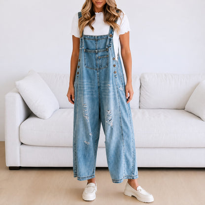 Mono Julieta™ con Corte Amplio, Denim Desgastado y Botones Laterales