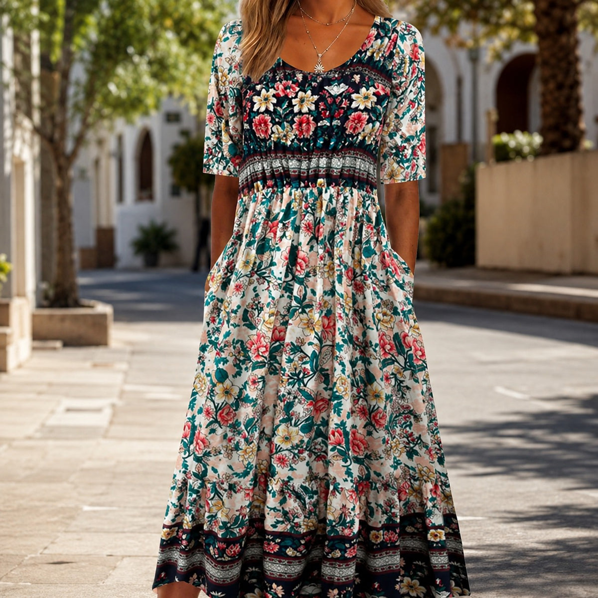 Vestido Salerno™ con Mezcla de Estampados Florales y Falda Amplia