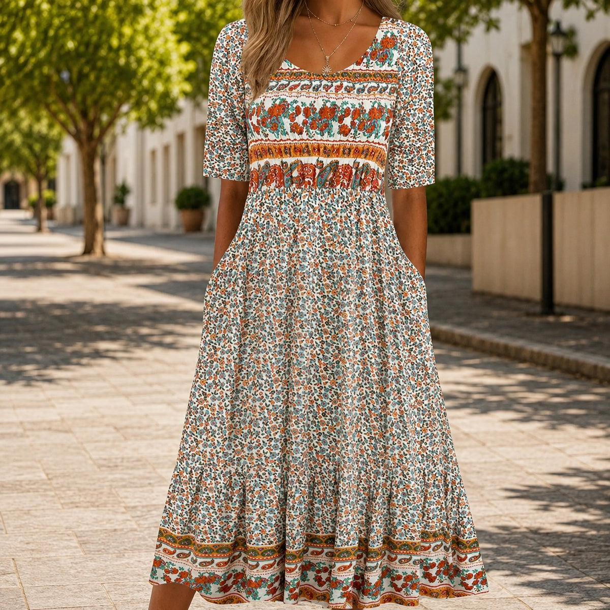 Vestido Salerno™ con Mezcla de Estampados Florales y Falda Amplia