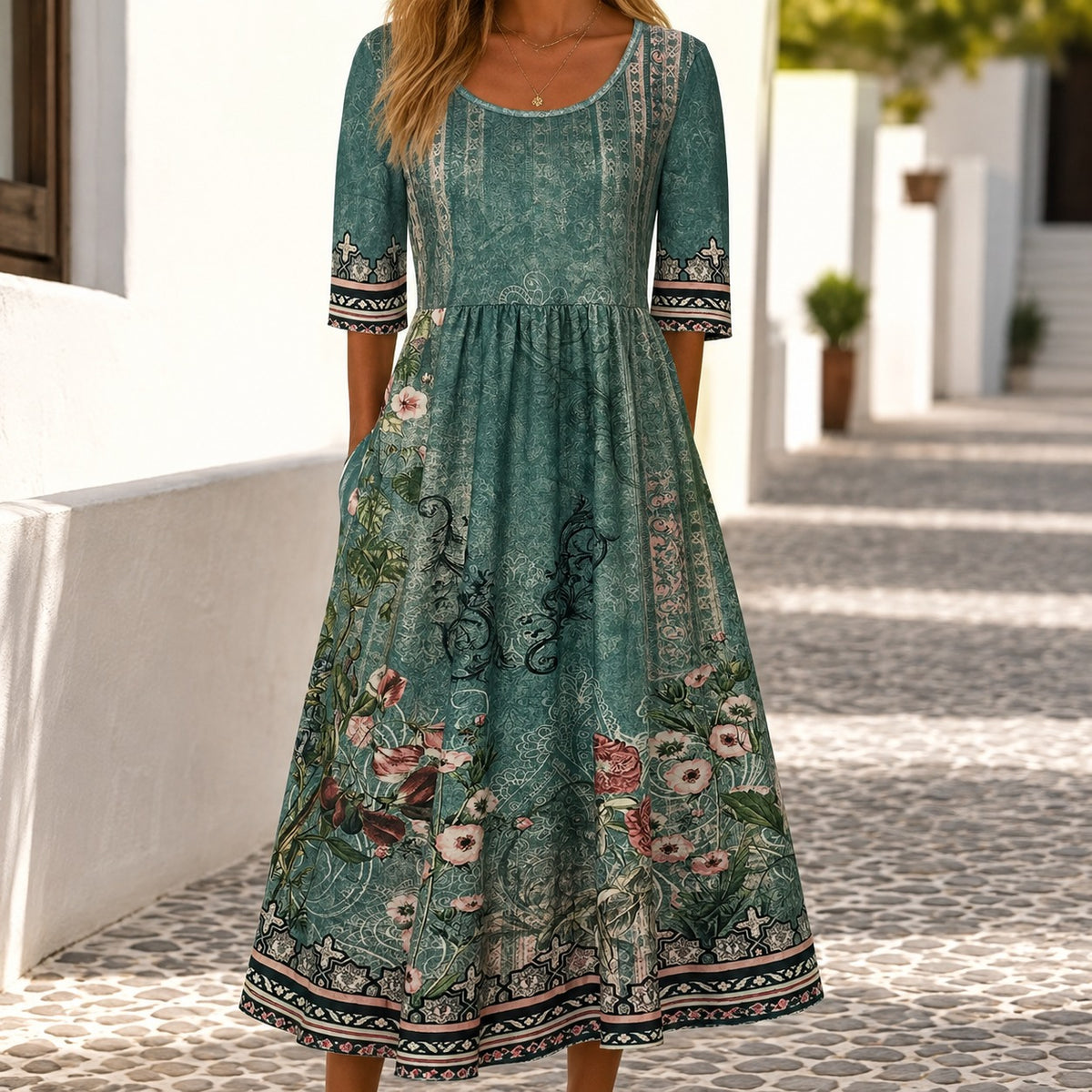 Vestido Salerno™ con Mezcla de Estampados Florales y Falda Amplia