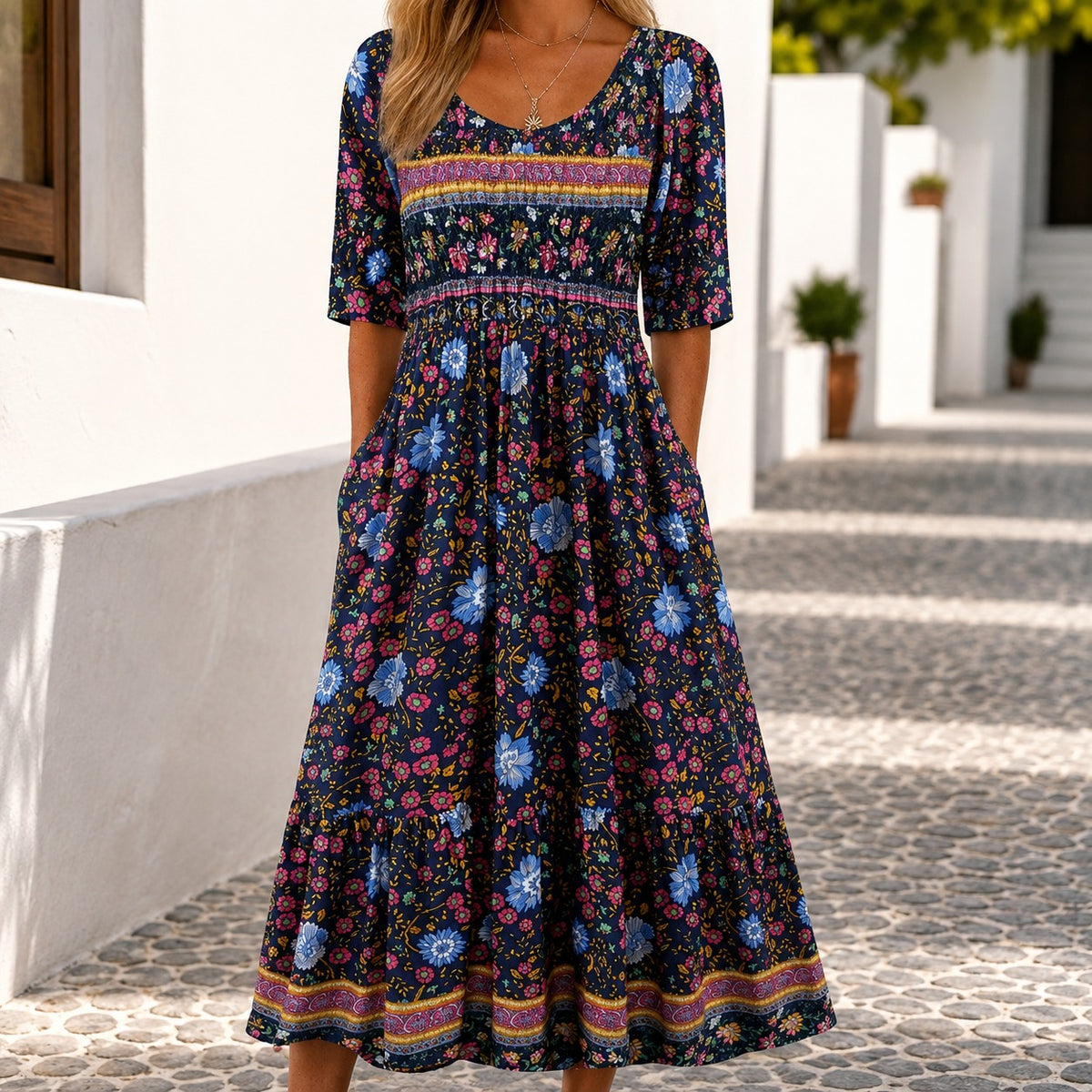 Vestido Salerno™ con Mezcla de Estampados Florales y Falda Amplia