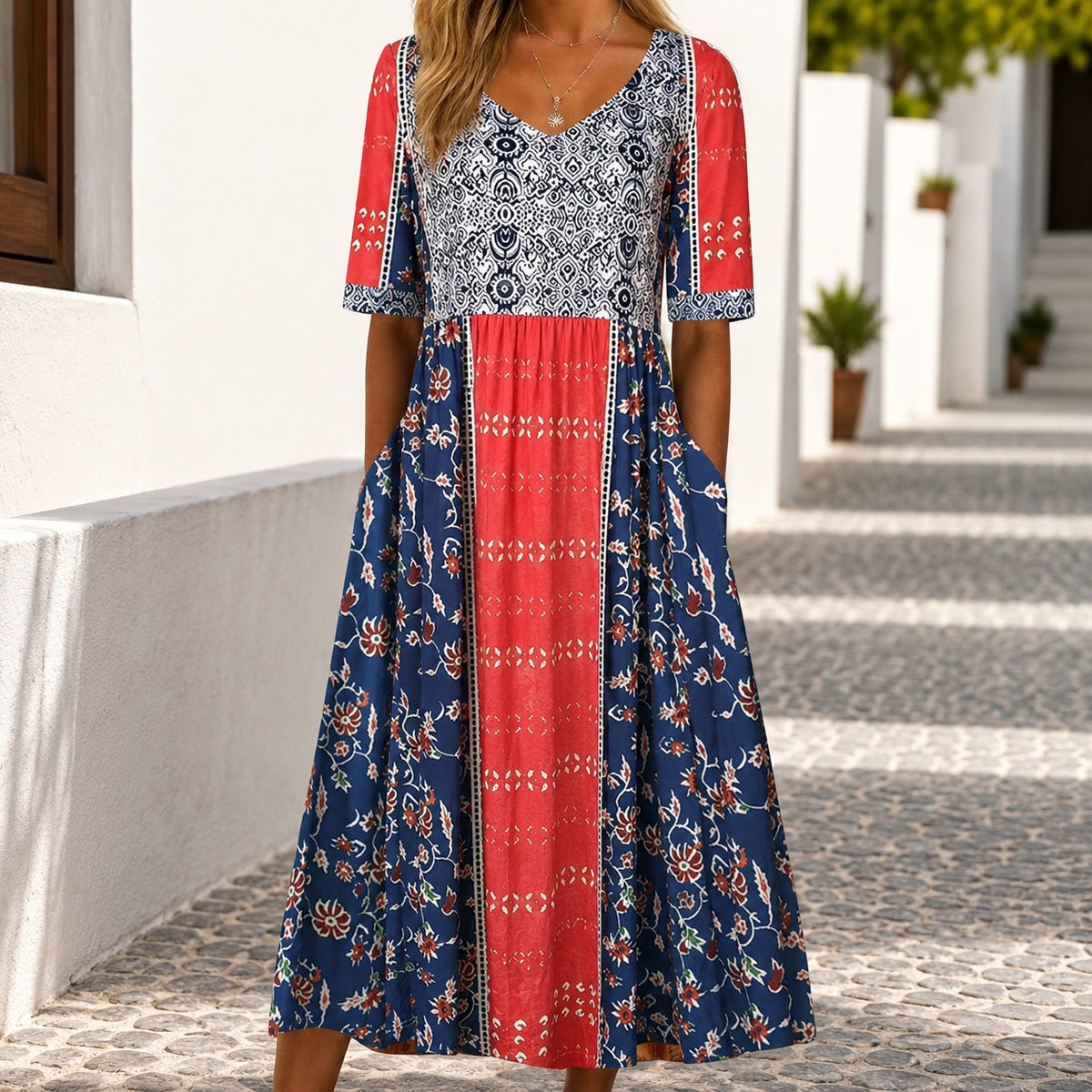 Vestido Salerno™ con Mezcla de Estampados Florales y Falda Amplia