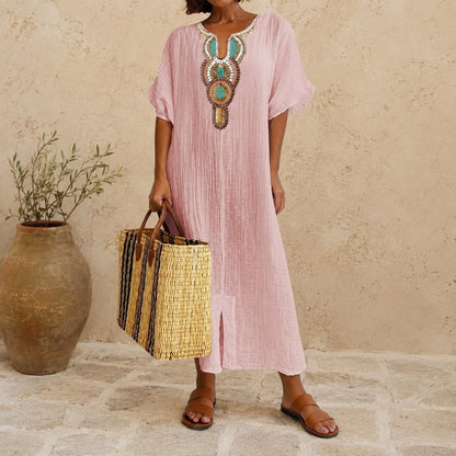 Vestido Almara™ con Bordado Artesanal en el Escote y Corte Holgado