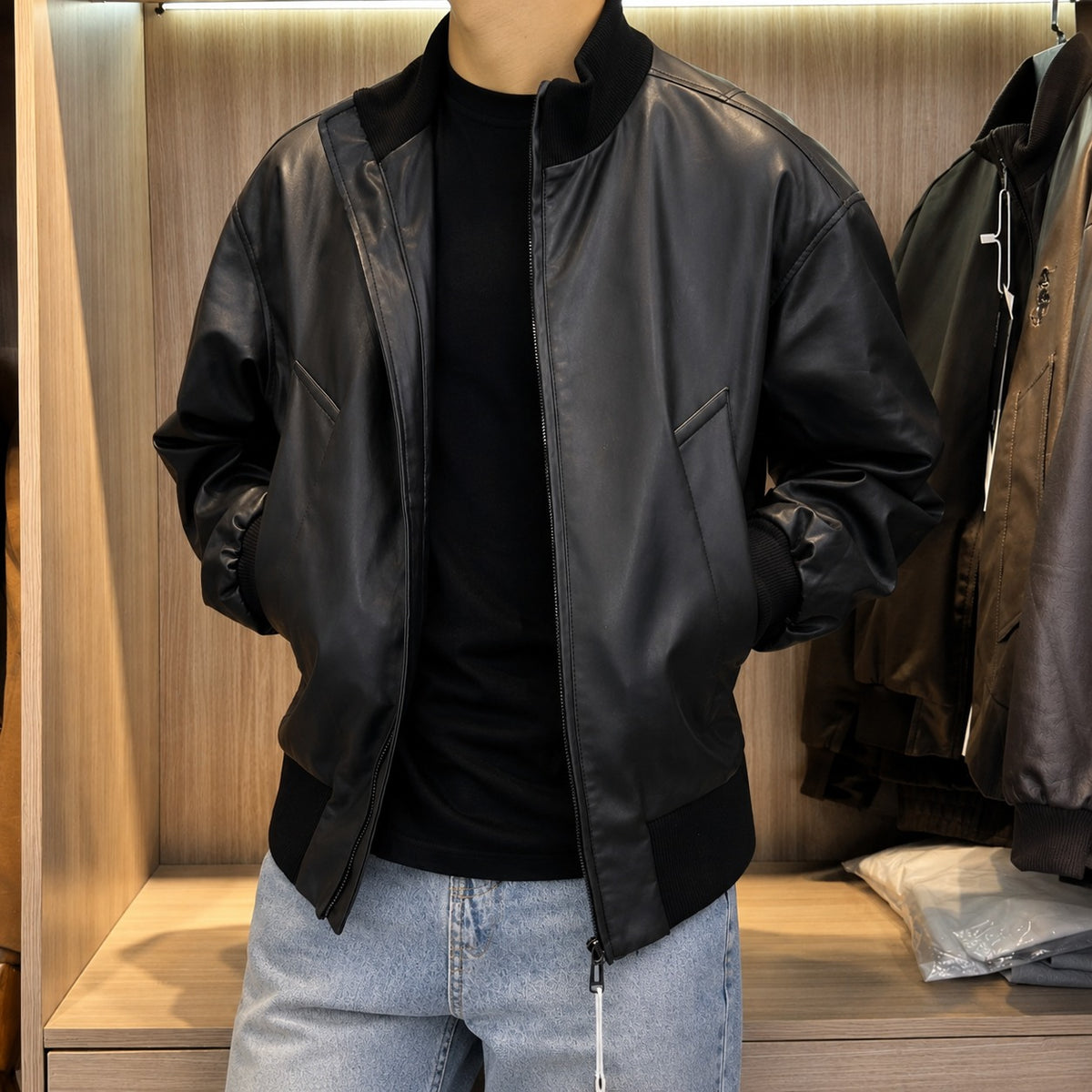 Chaqueta Bomber Bruno™ de Piel con Cuello y Puños Acanalados