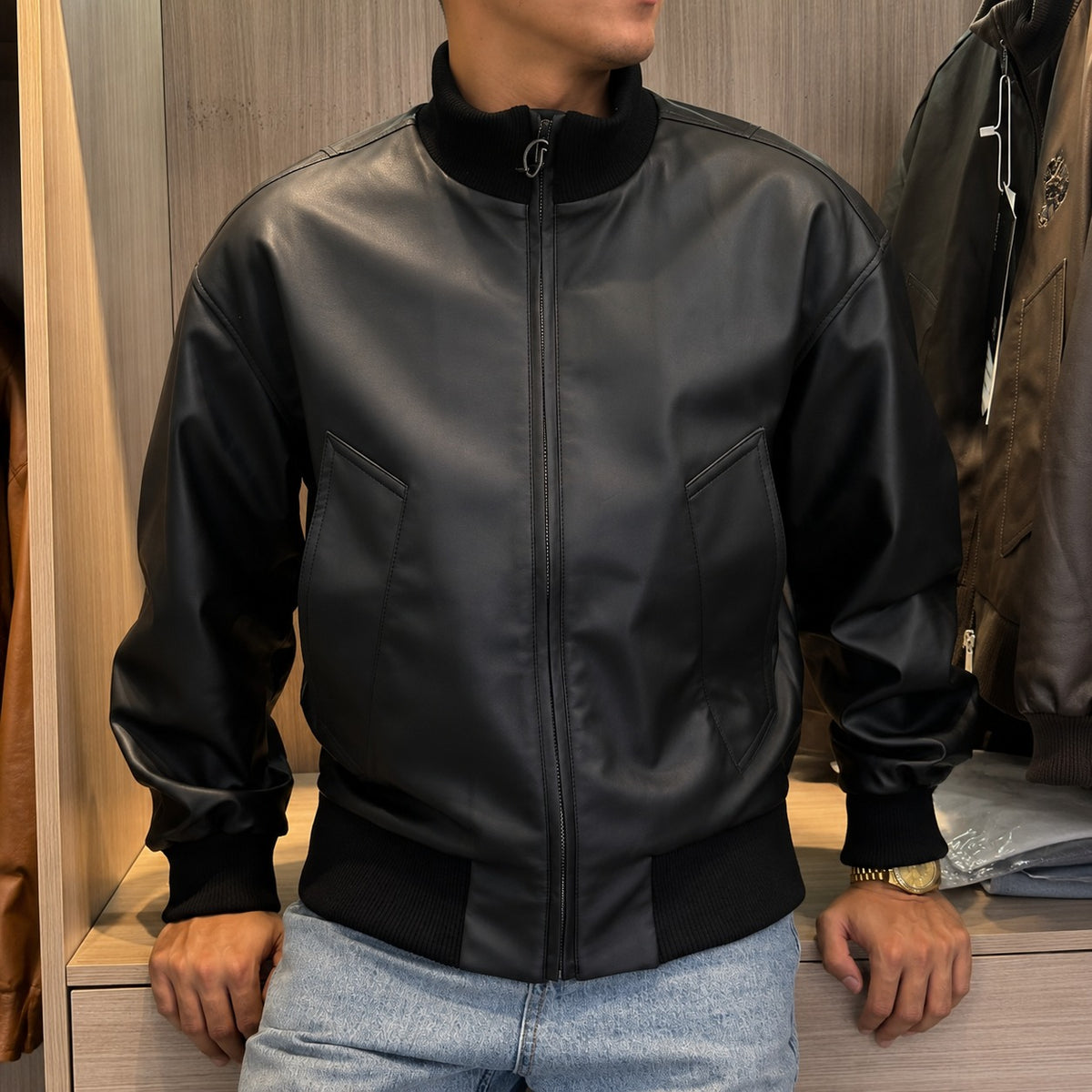 Chaqueta Bomber Bruno™ de Piel con Cuello y Puños Acanalados