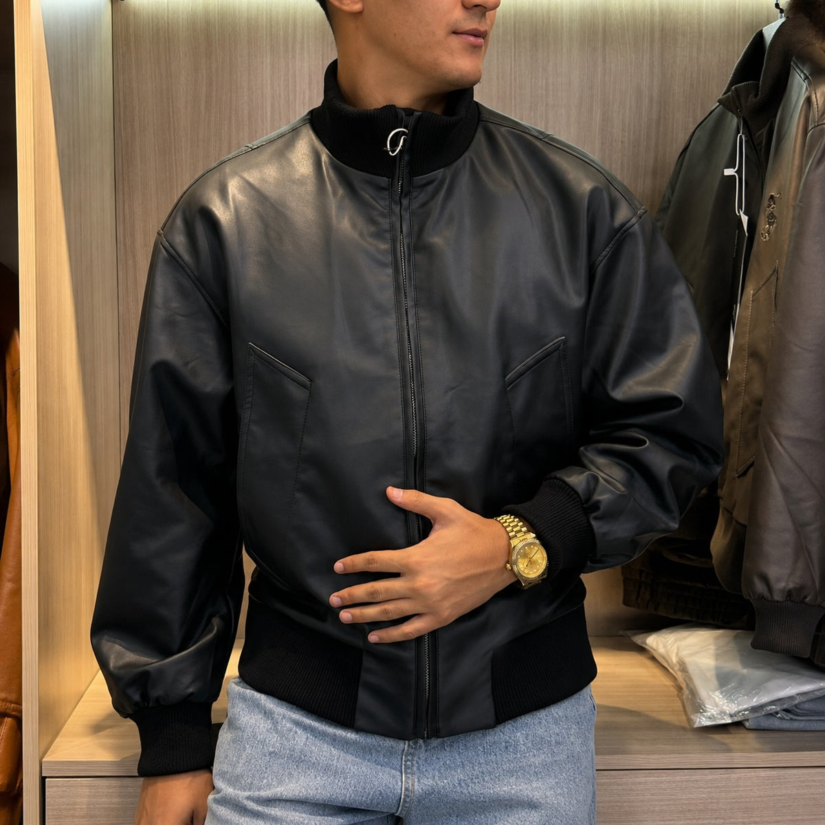 Chaqueta Bomber Bruno™ de Piel con Cuello y Puños Acanalados