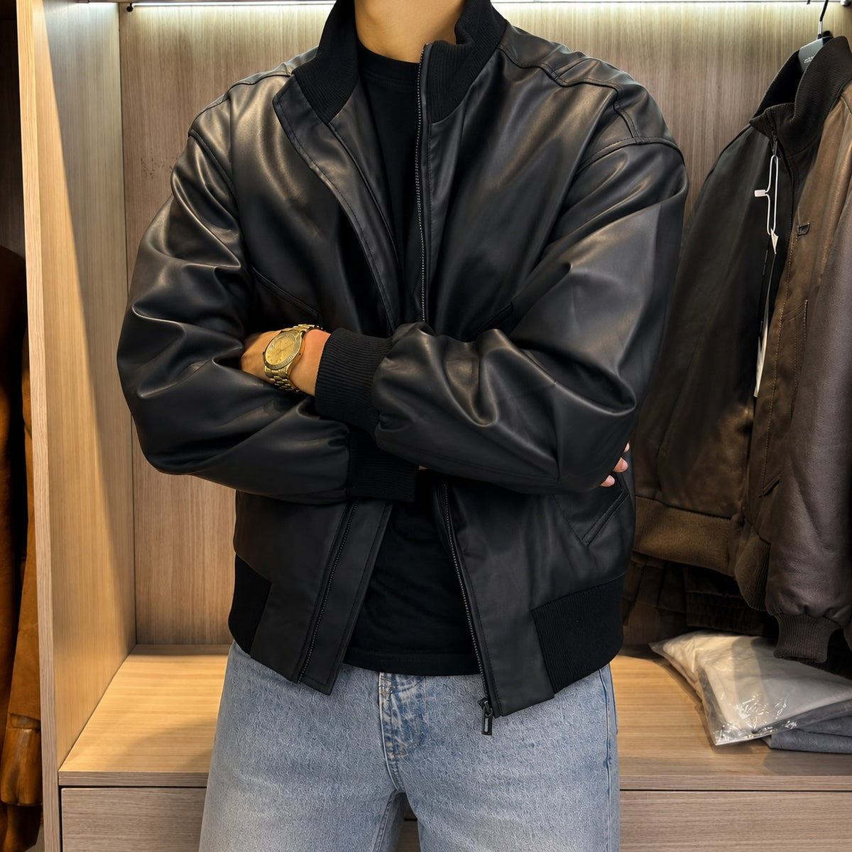 Chaqueta Bomber Bruno™ de Piel con Cuello y Puños Acanalados