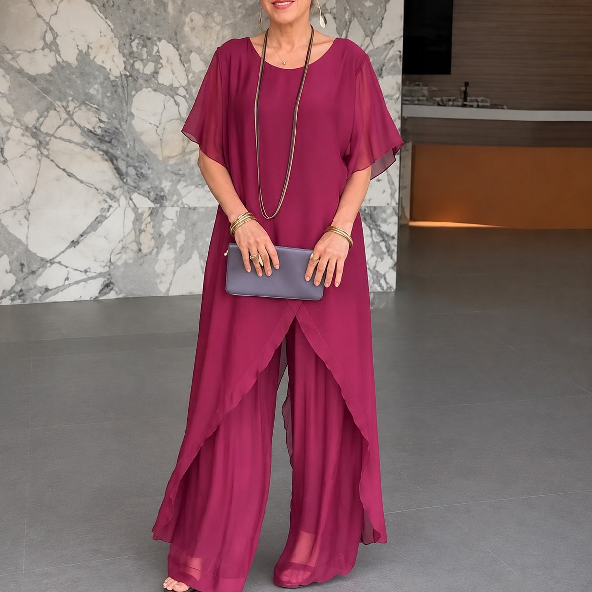 Conjunto Adelina™ con Blusa Larga Asimétrica y Pantalón de Pierna Ancha
