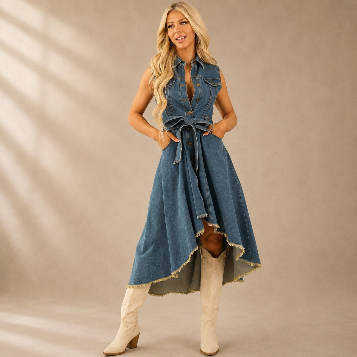 Vestido Vittoria™ de Mezclilla con Cinturón, Botones y Bajo Asimétrico