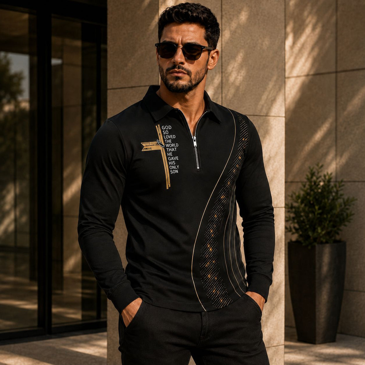 Camisa Valerio™ con Detalles Dorados, Panel Texturizado y Cremallera