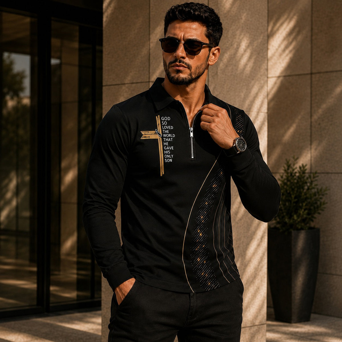 Camisa Valerio™ con Detalles Dorados, Panel Texturizado y Cremallera