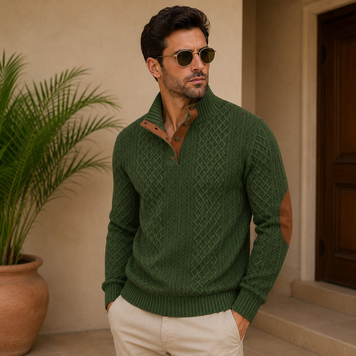 Suéter Navarro™ con Textura Geométrica, Cuello Alto y Coderas Contrastantes