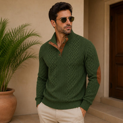 Suéter Navarro™ con Textura Geométrica, Cuello Alto y Coderas Contrastantes