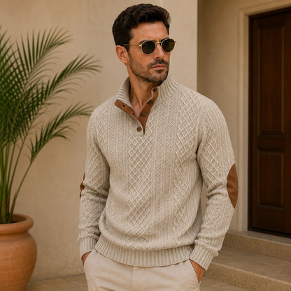 Suéter Navarro™ con Textura Geométrica, Cuello Alto y Coderas Contrastantes