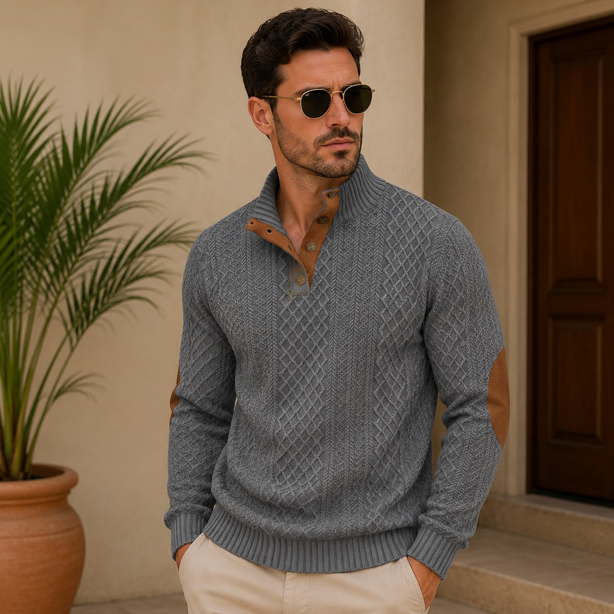 Suéter Navarro™ con Textura Geométrica, Cuello Alto y Coderas Contrastantes