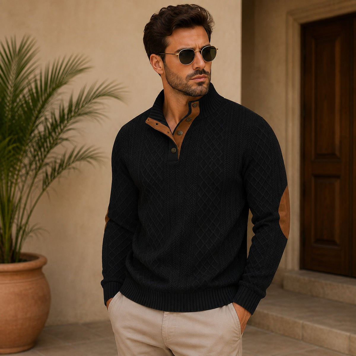 Suéter Navarro™ con Textura Geométrica, Cuello Alto y Coderas Contrastantes
