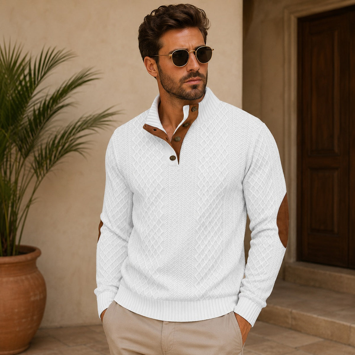 Suéter Navarro™ con Textura Geométrica, Cuello Alto y Coderas Contrastantes
