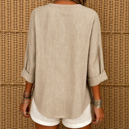 Blusa Maressa™ con Cuello Mao, Manga 3/4 y Rayas Verticales / El Look Casual Que Se Ve Mucho Más Elegante
