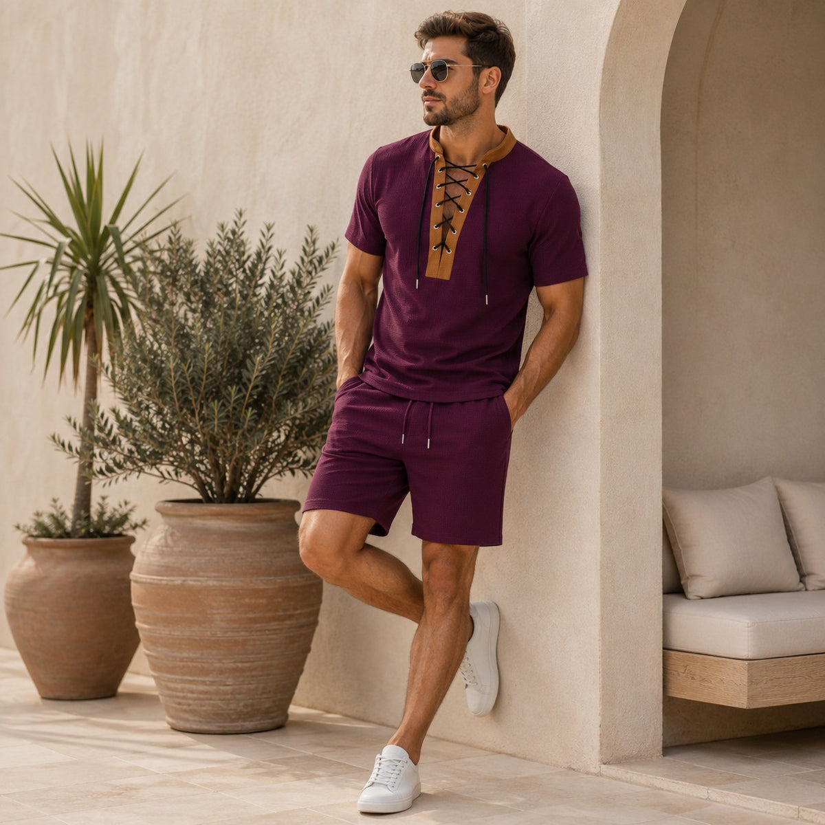 Conjunto Lucano™ con Camiseta de Cuello Contrastante y Shorts con Cordón