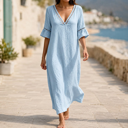 Vestido Ayla™ con Escote en V, Corte Evasé, Mangas con Volantes y Detalles Calados
