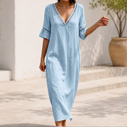 Vestido Ayla™ con Escote en V, Corte Evasé, Mangas con Volantes y Detalles Calados