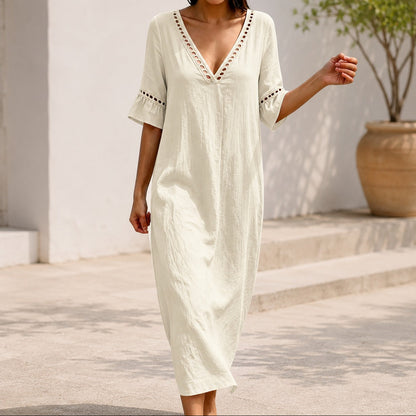 Vestido Ayla™ con Escote en V, Corte Evasé, Mangas con Volantes y Detalles Calados
