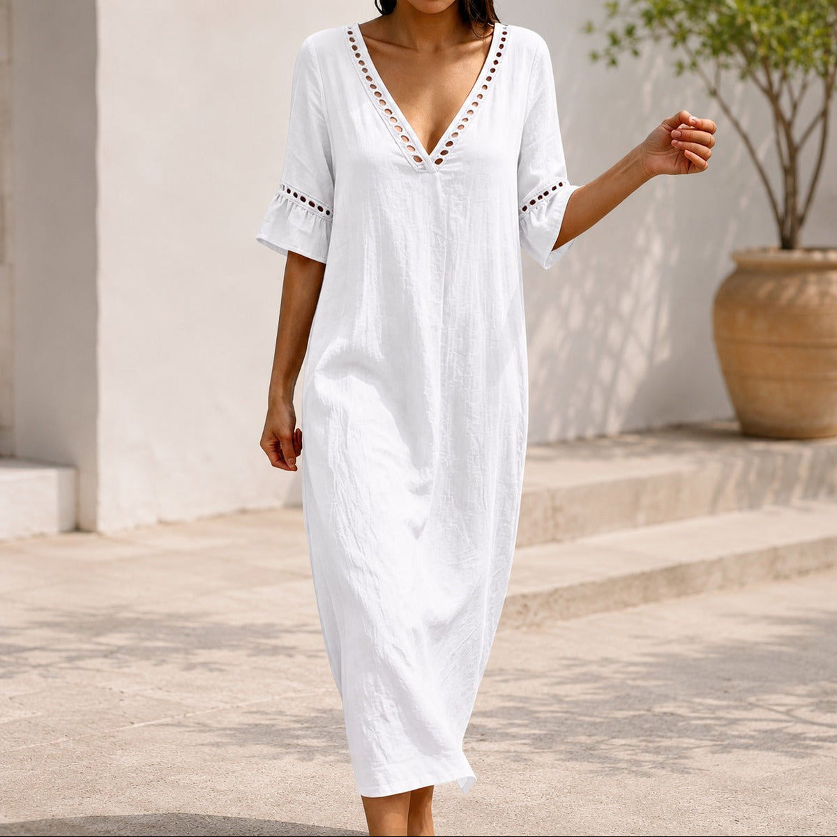 Vestido Ayla™ con Escote en V, Corte Evasé, Mangas con Volantes y Detalles Calados
