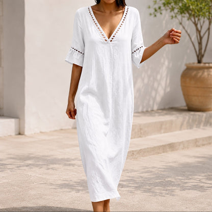 Vestido Ayla™ con Escote en V, Corte Evasé, Mangas con Volantes y Detalles Calados