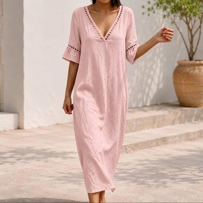 Vestido Ayla™ con Escote en V, Corte Evasé, Mangas con Volantes y Detalles Calados