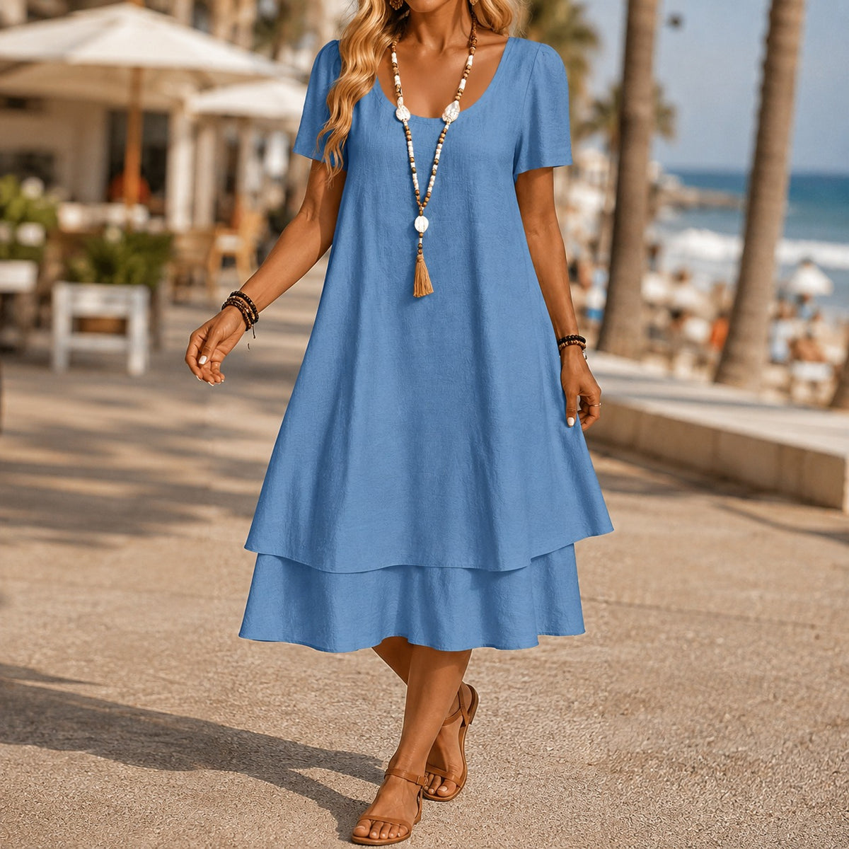 Vestido Midi Martina™ con Escote Elegante, Mangas Cortas y Falda Evasé con Capas