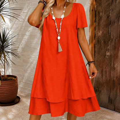 Vestido Midi Martina™ con Escote Elegante, Mangas Cortas y Falda Evasé con Capas