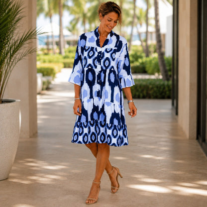 Vestido Midi Zafira™ con Estampado Ornamental, Cuello Mao y Mangas con Volantes / Elegancia Sin Necesidad De Marcar El Cuerpo