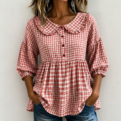 Blusa Carolina™ con Cuello de Volantes, Cuadros Vichy y Mangas Abullonadas
