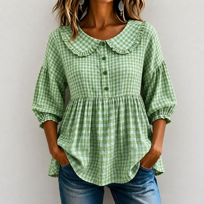 Blusa Carolina™ con Cuello de Volantes, Cuadros Vichy y Mangas Abullonadas