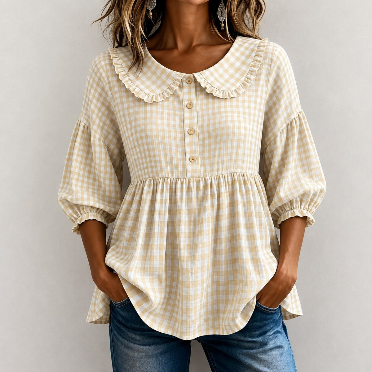 Blusa Carolina™ con Cuello de Volantes, Cuadros Vichy y Mangas Abullonadas