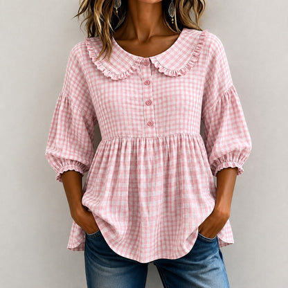 Blusa Carolina™ con Cuello de Volantes, Cuadros Vichy y Mangas Abullonadas