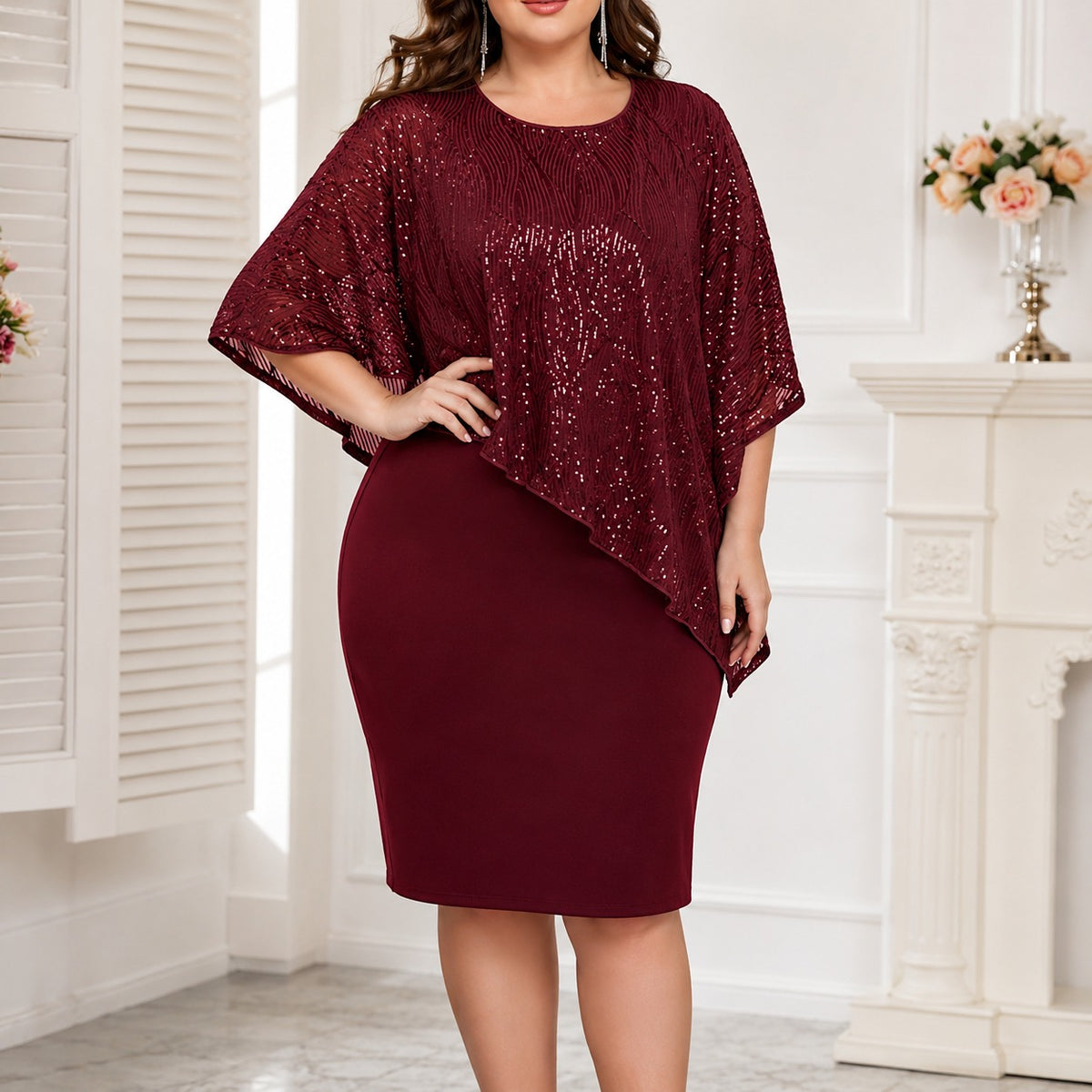 Vestido Midi Lucía™ con Sobreposición Asimétrica, Detalles Brillantes y Escote Redondo