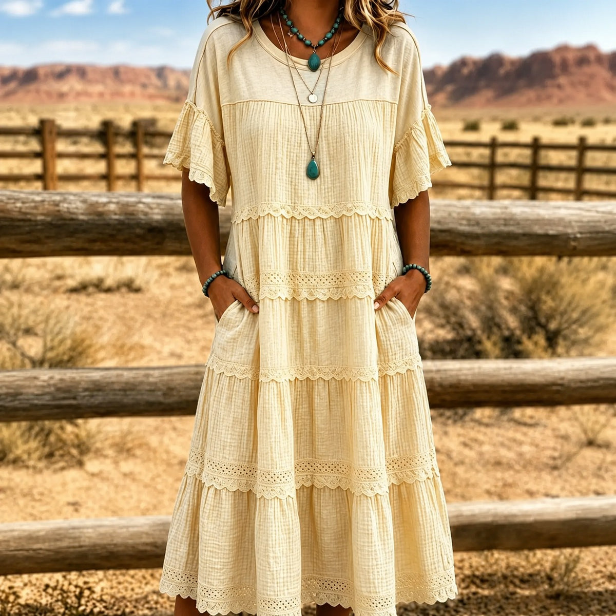 Vestido Lucera™ con Falda Escalonada, Detalles de Encaje y Bolsillos Laterales