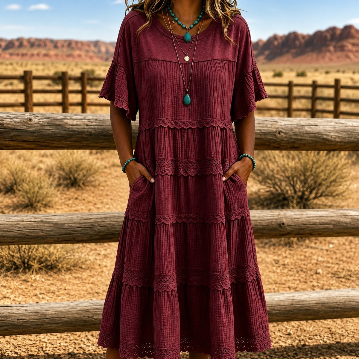 Vestido Lucera™ con Falda Escalonada, Detalles de Encaje y Bolsillos Laterales