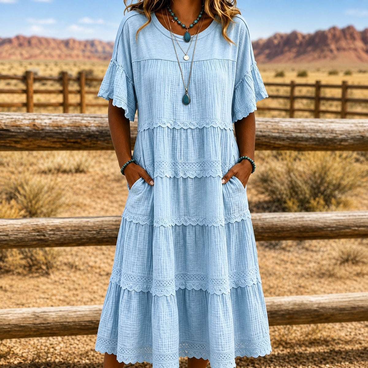 Vestido Lucera™ con Falda Escalonada, Detalles de Encaje y Bolsillos Laterales