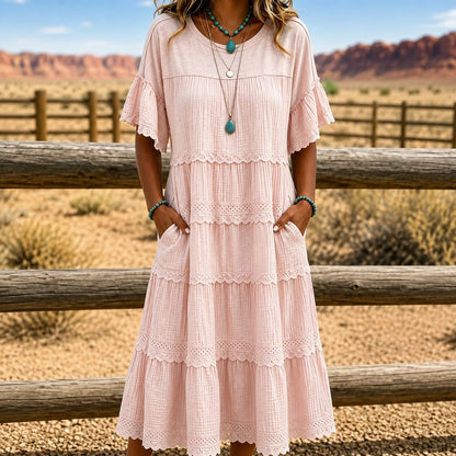 Vestido Lucera™ con Falda Escalonada, Detalles de Encaje y Bolsillos Laterales