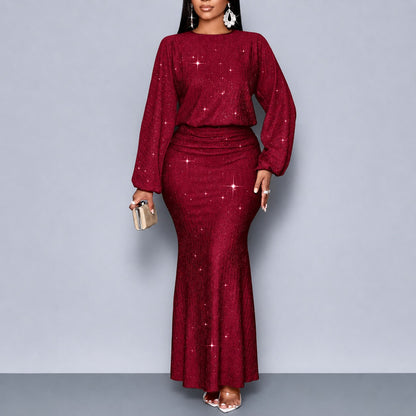 Vestido Estela™ con Efecto Brillante, Cintura Marcada y Mangas Largas